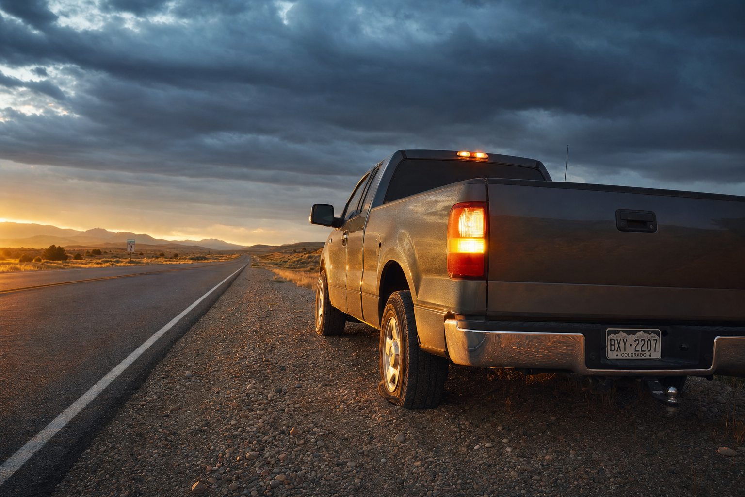 Step 1: Pull over safely — truck on shoulder with hazard lights on