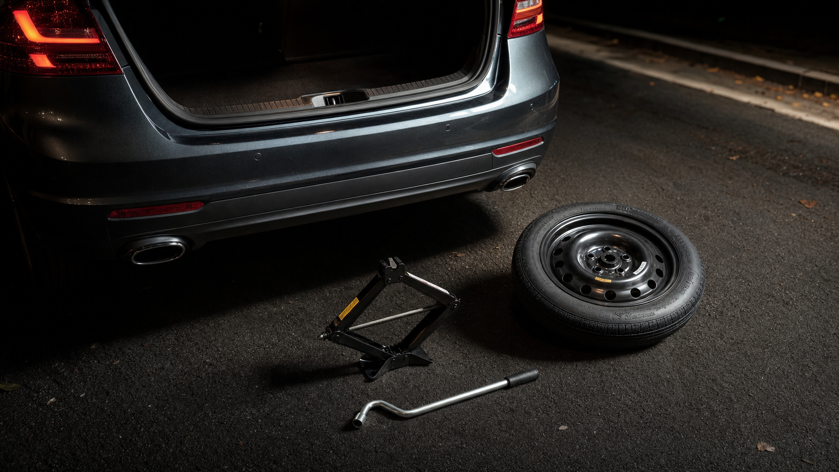 Step 2: Get your equipment — spare tire, jack and lug wrench laid out