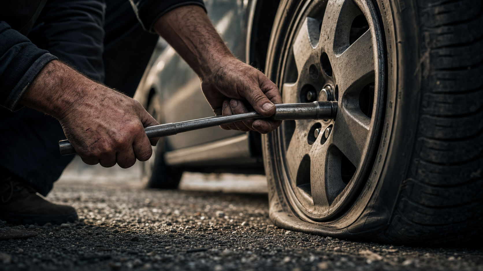 Step 3: Loosen lug nuts — hands breaking resistance before jacking