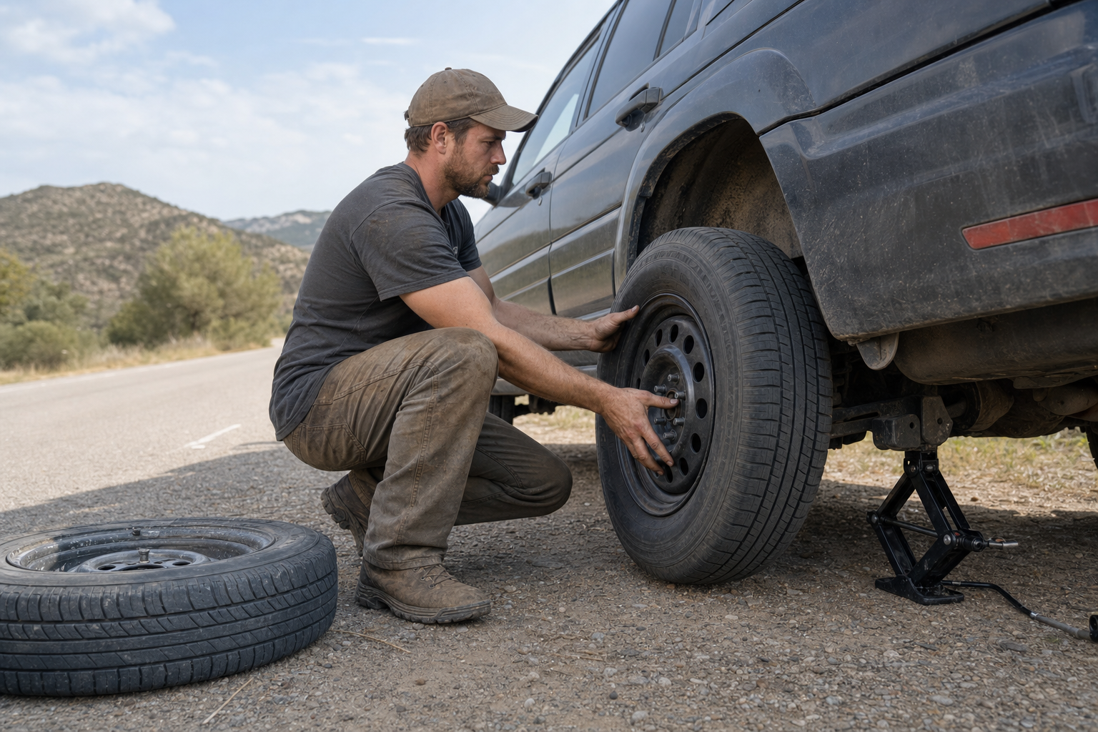 Step 5: Swap the tires — remove flat, mount spare