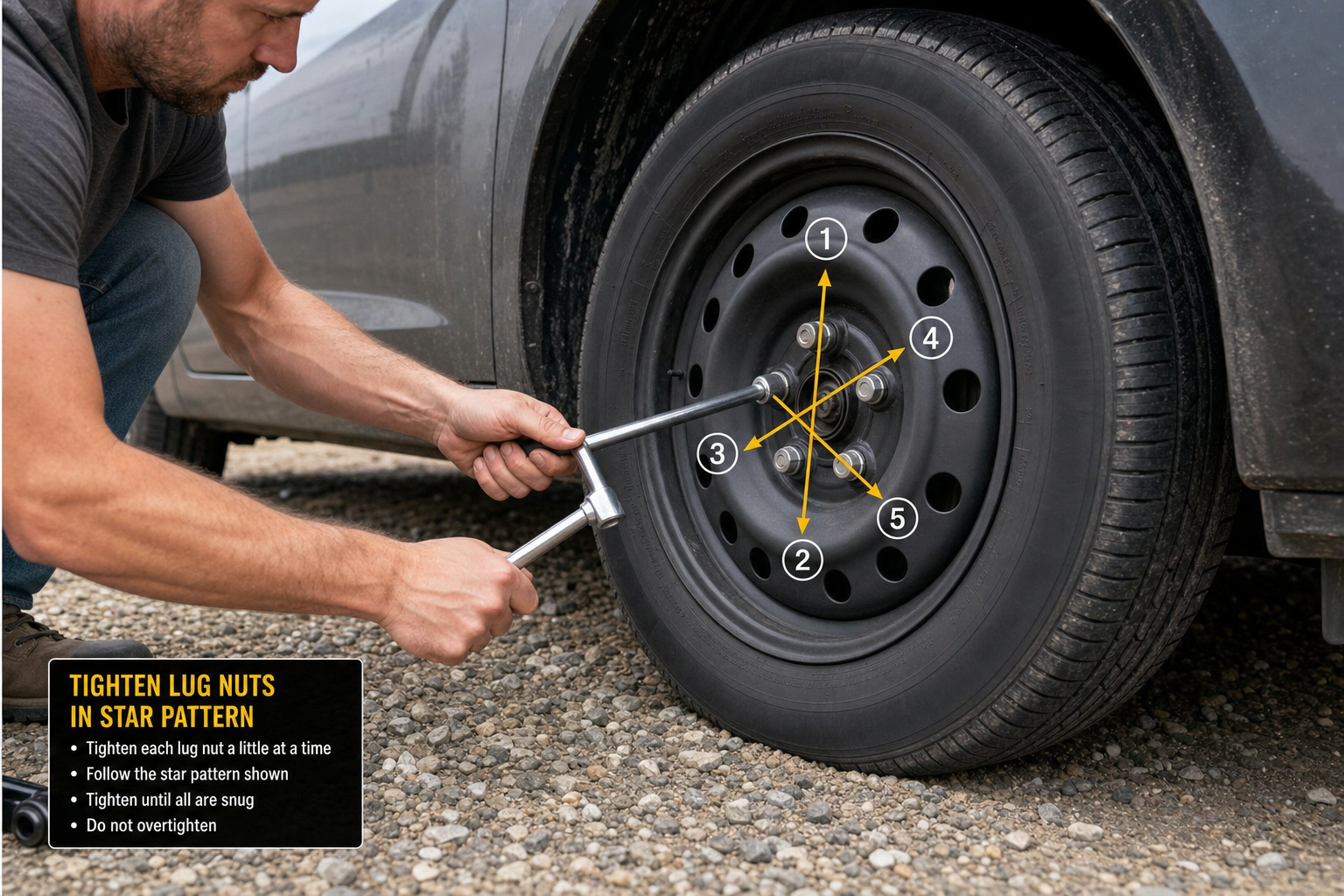 Step 6: Tighten lug nuts in star pattern and lower car