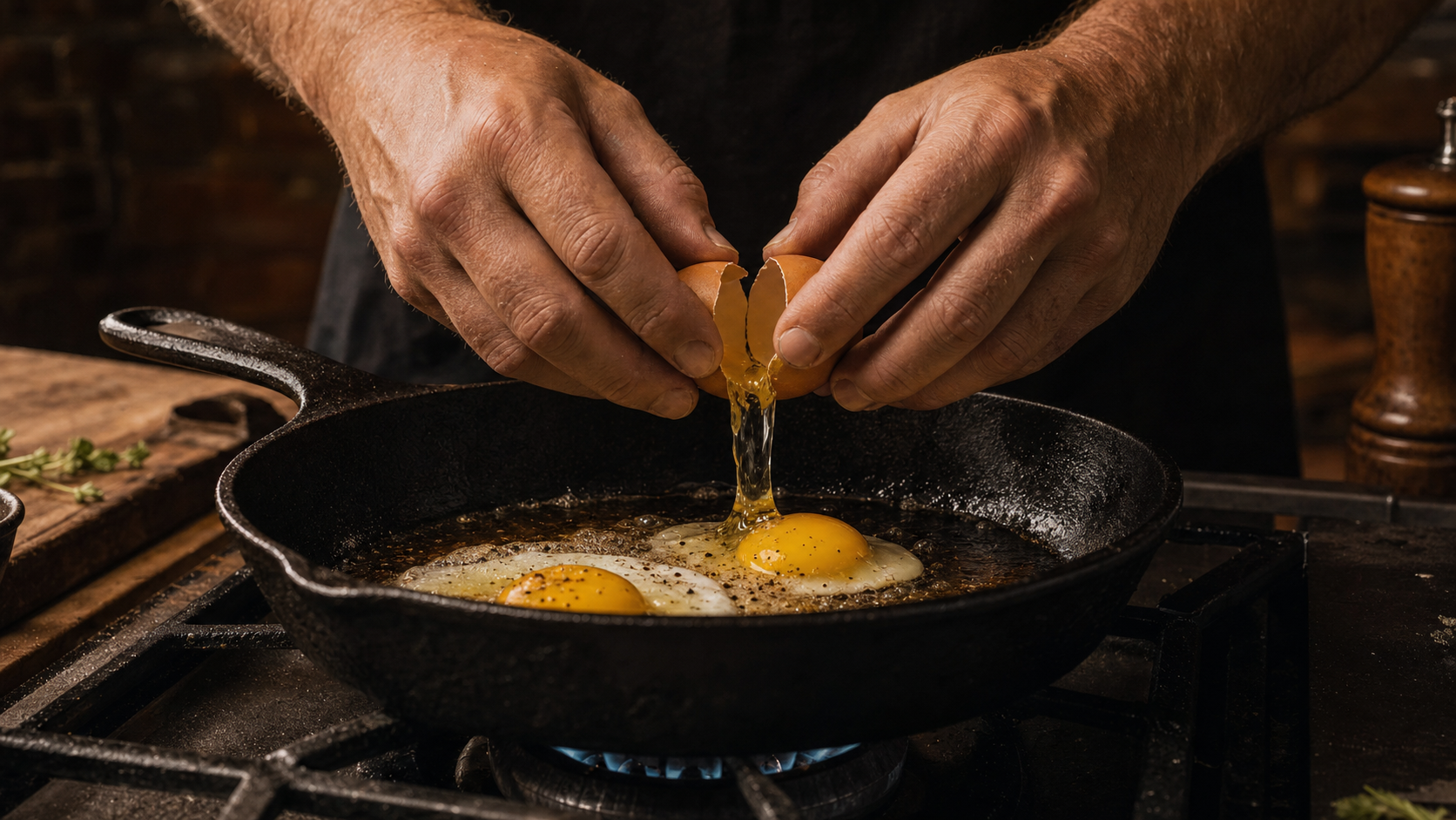 Step 1: Cracking eggs into a cast iron skillet