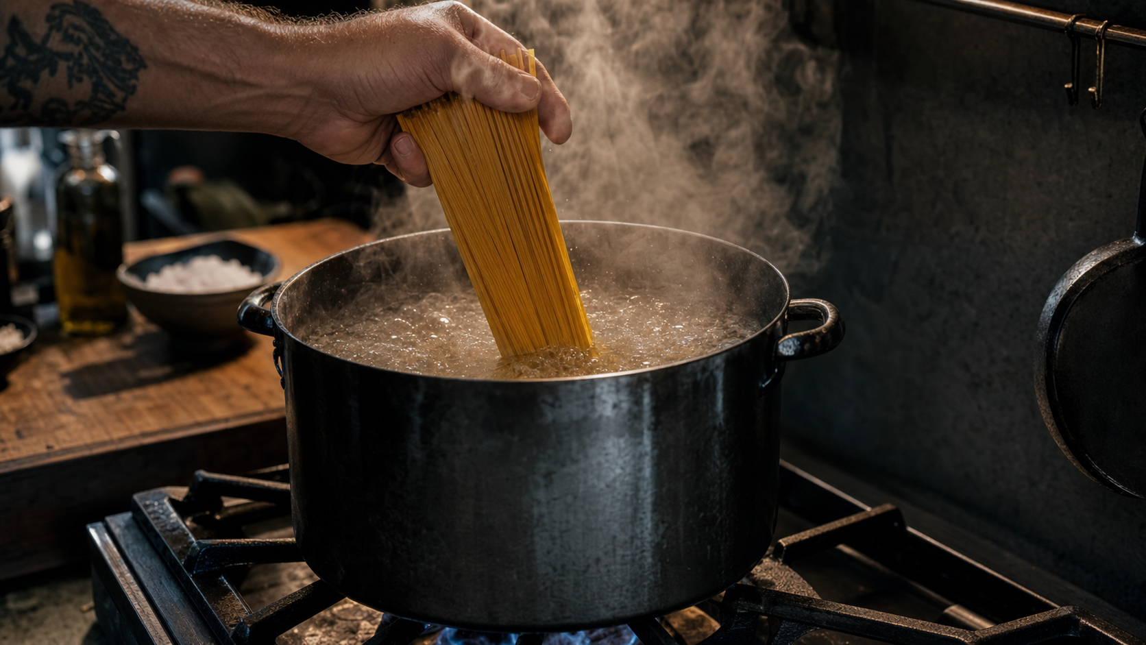 Step 2: Lowering pasta into boiling salted water