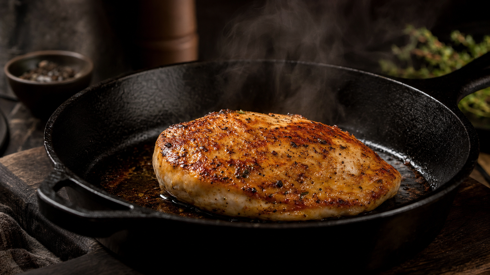 Step 3: Pan-seared chicken breast resting in cast iron