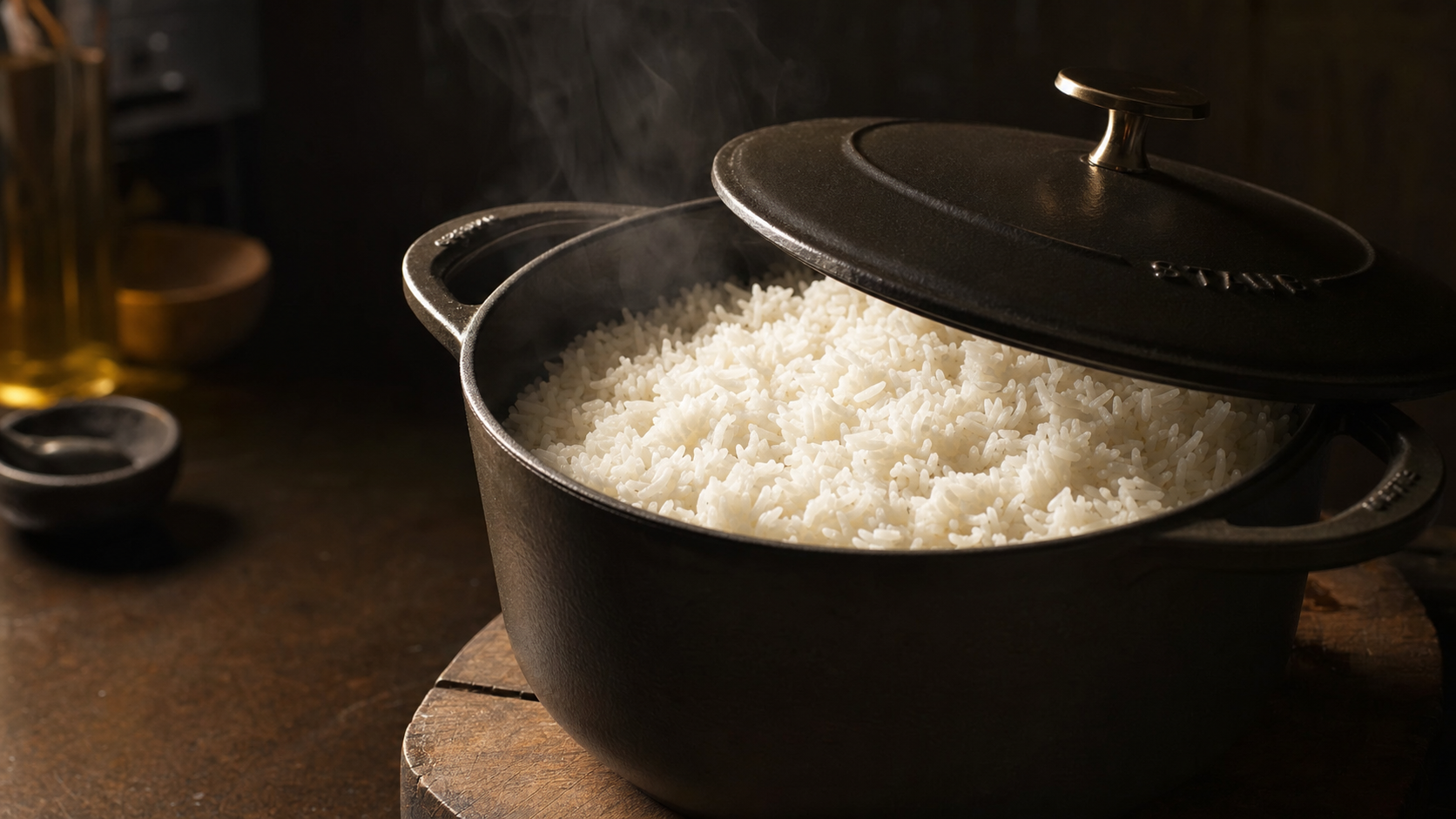 Step 5: Perfectly cooked rice steaming in a pot