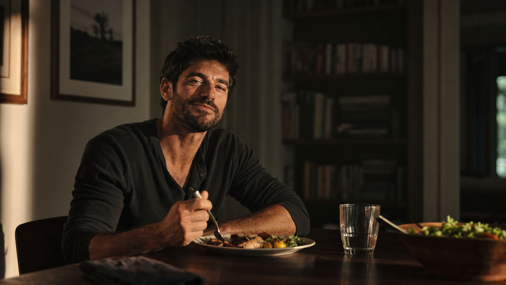 Step 6: Man eating a home-cooked meal with quiet pride