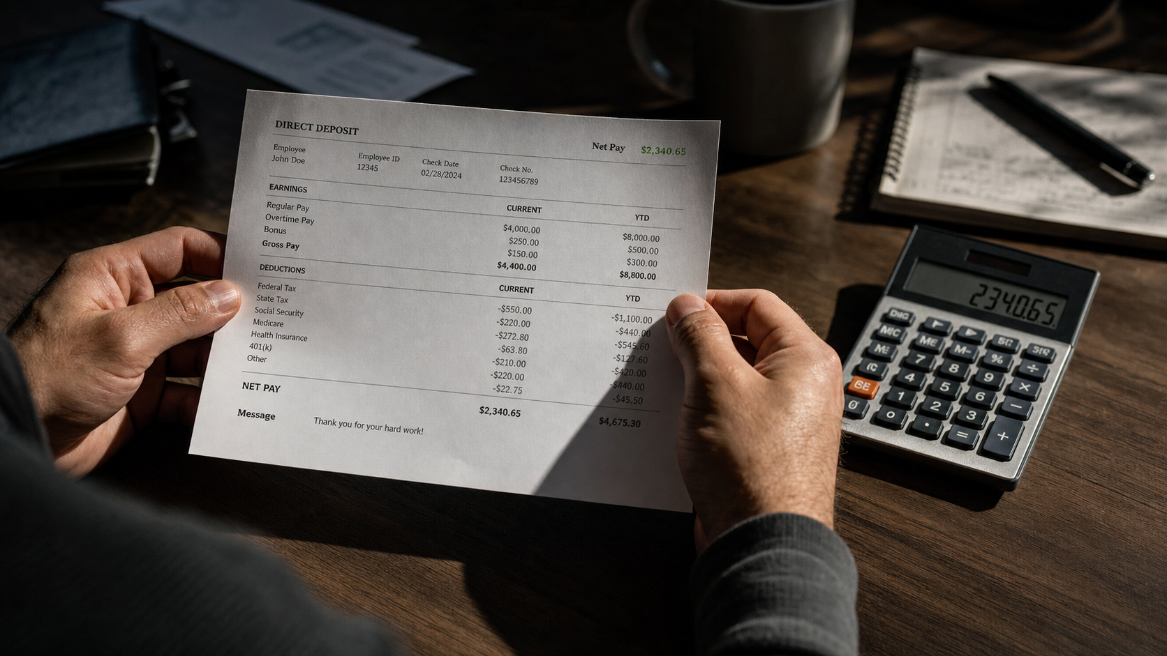 Man reviewing direct deposit pay stub with calculator