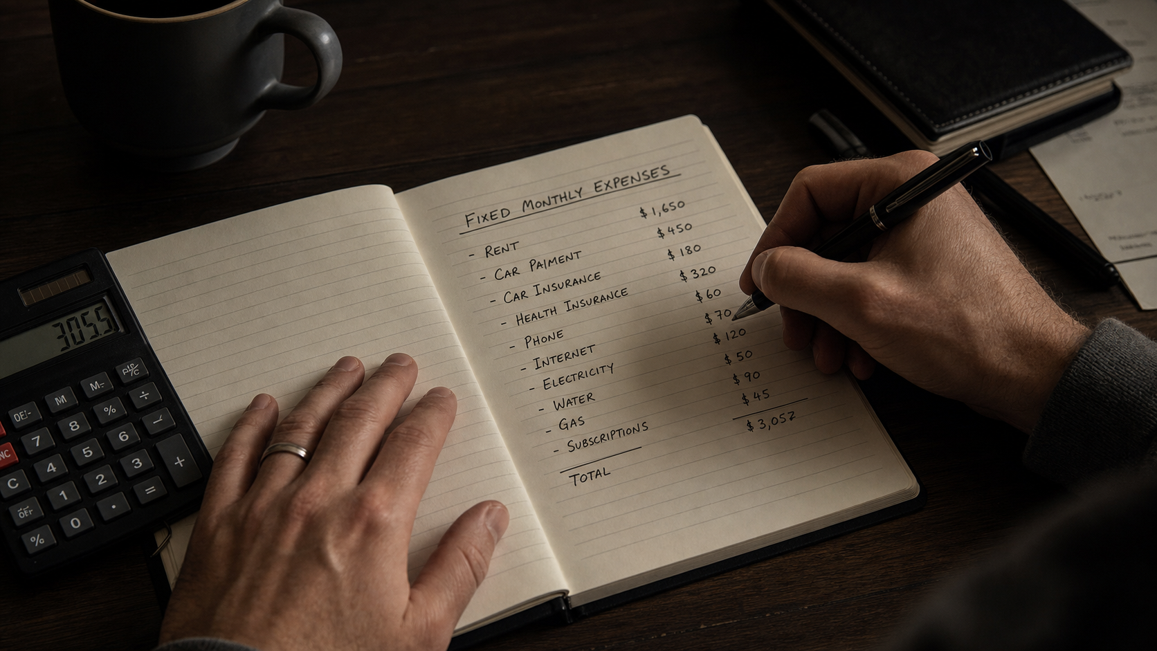 Hands writing fixed monthly expenses in a notebook