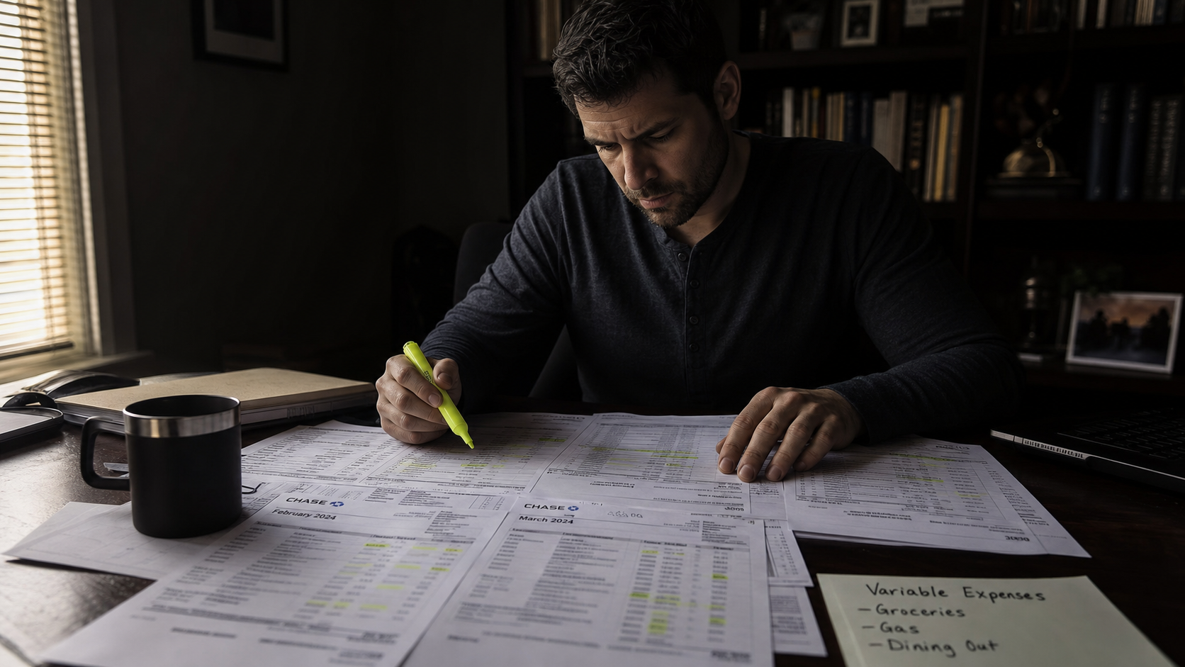 Man highlighting 3 months of bank statements