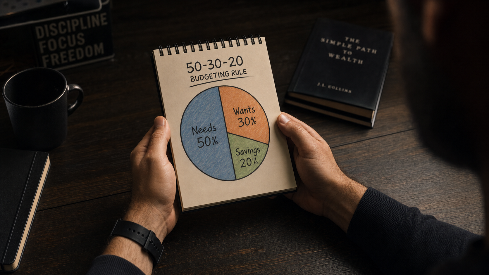 Hands holding 50-30-20 pie chart notepad