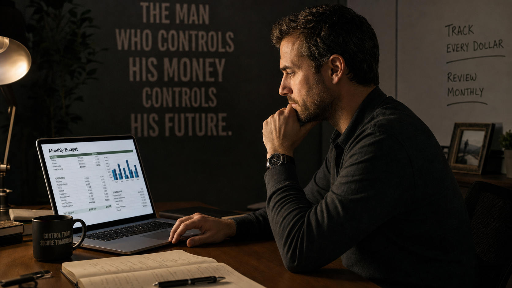 Man at desk reviewing monthly budget spreadsheet on laptop