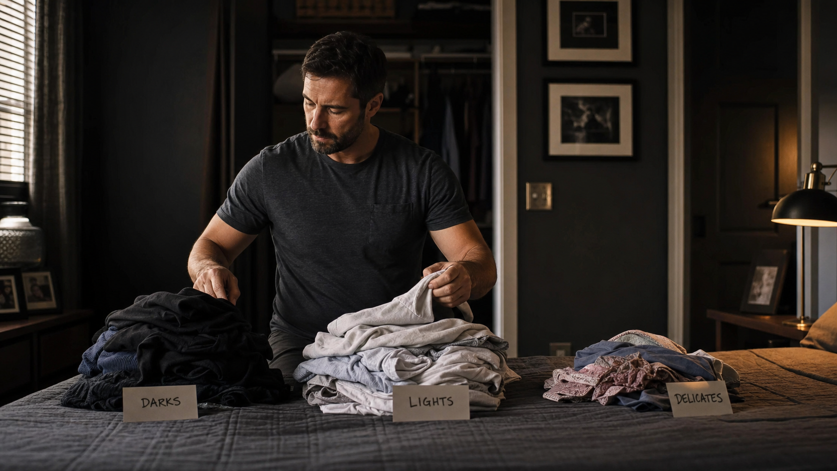 Step 1: Sorting laundry into darks, lights, and delicates