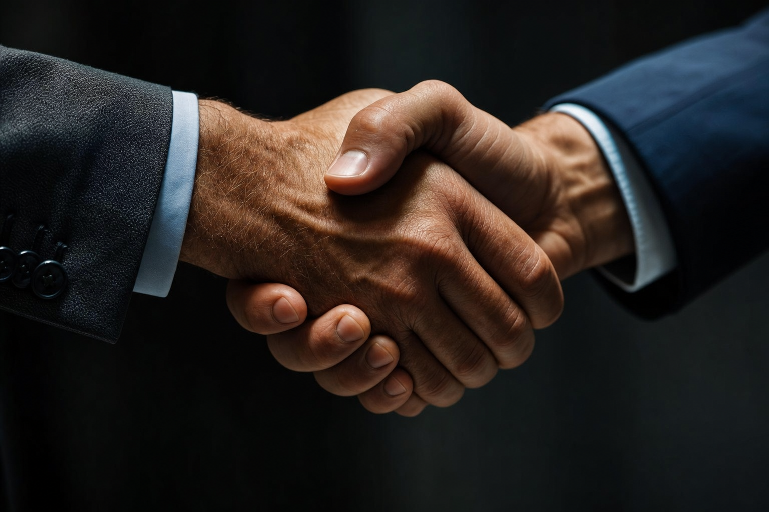 Close-up web-to-web handshake grip, dramatic dark tones
