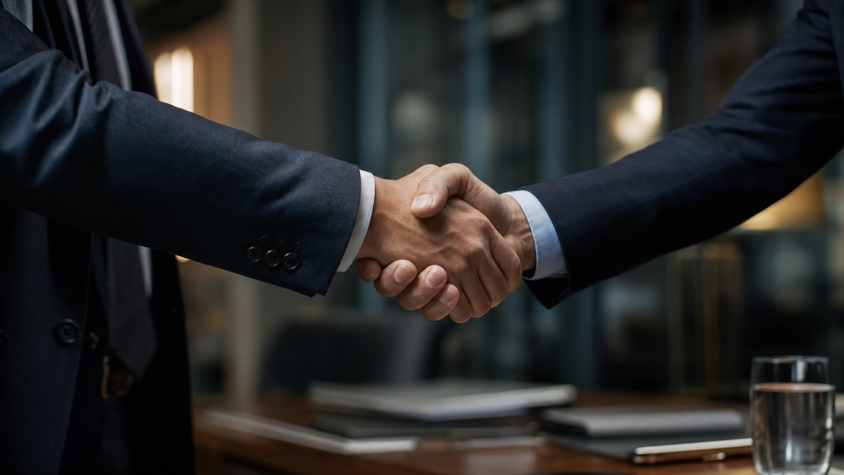 Two men shaking hands firmly in a boardroom setting