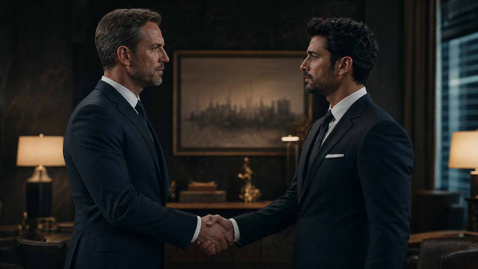 Full-body handshake with direct eye contact and strong posture