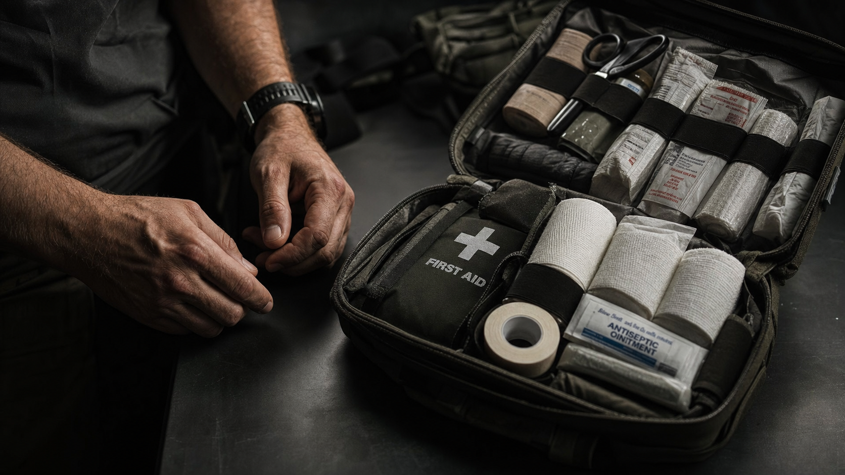 Open first aid kit with strong male hands ready to act
