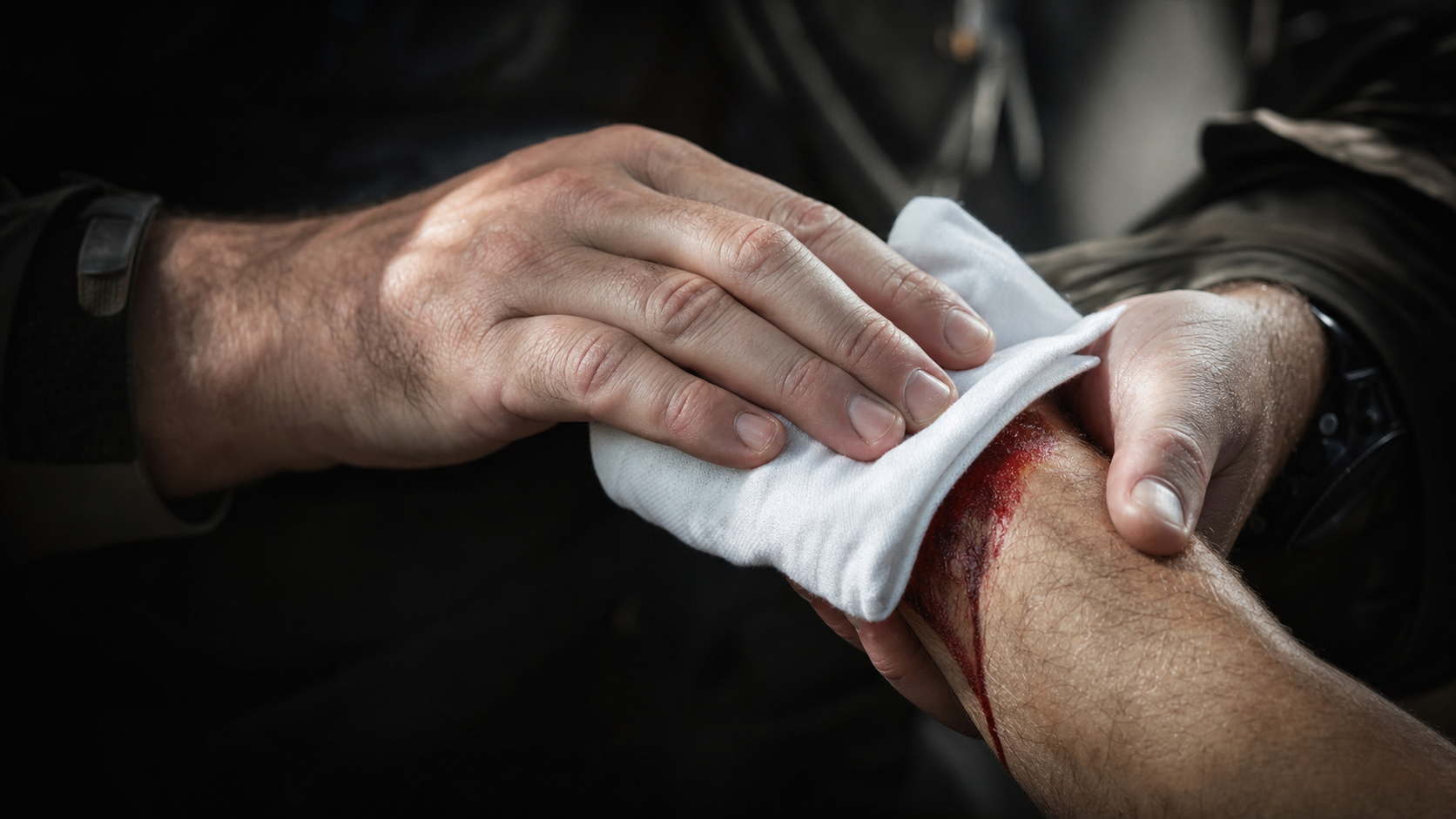 Hands pressing cloth on forearm wound to control bleeding