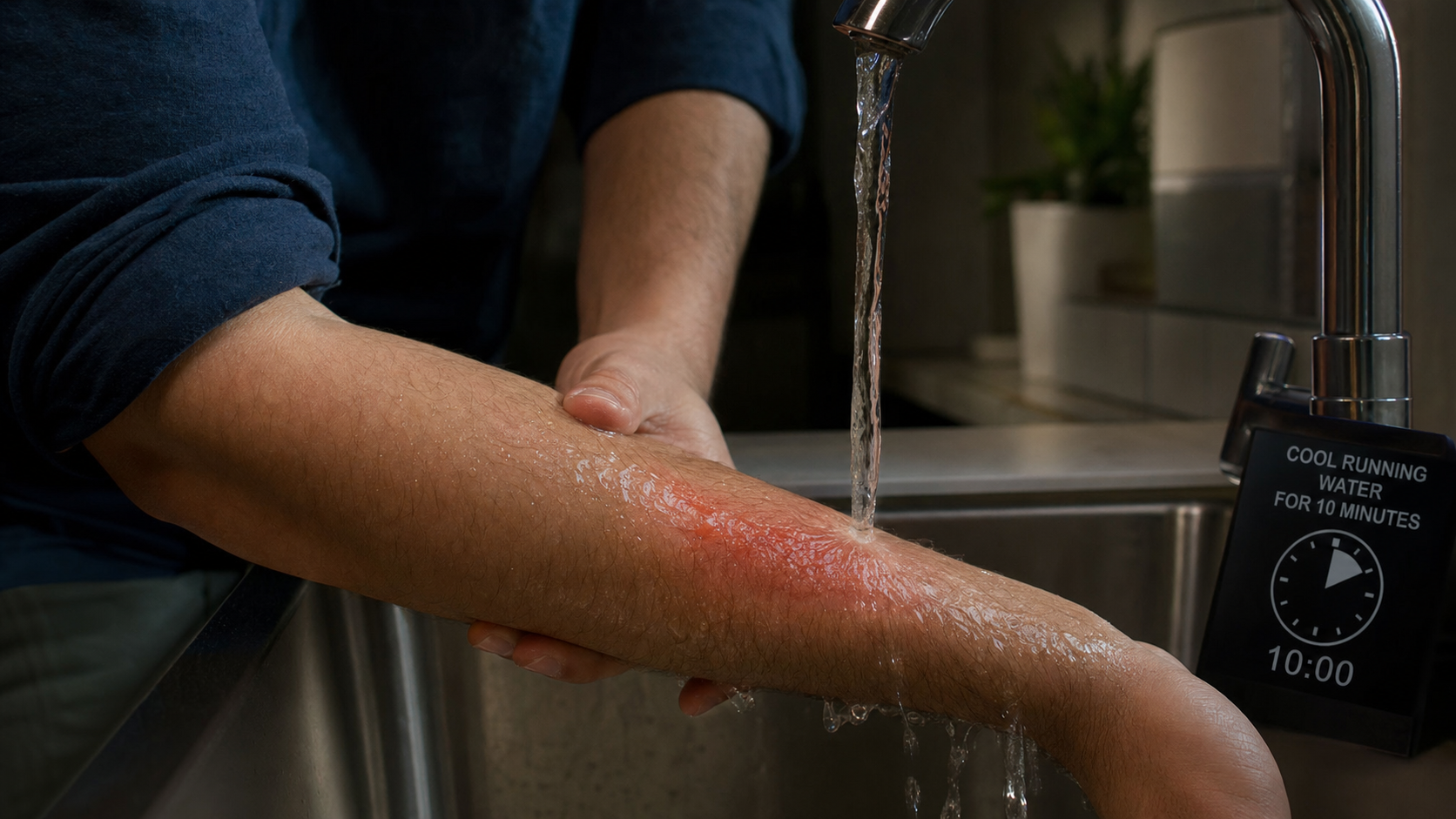 Cool water running over reddened burn on forearm at sink
