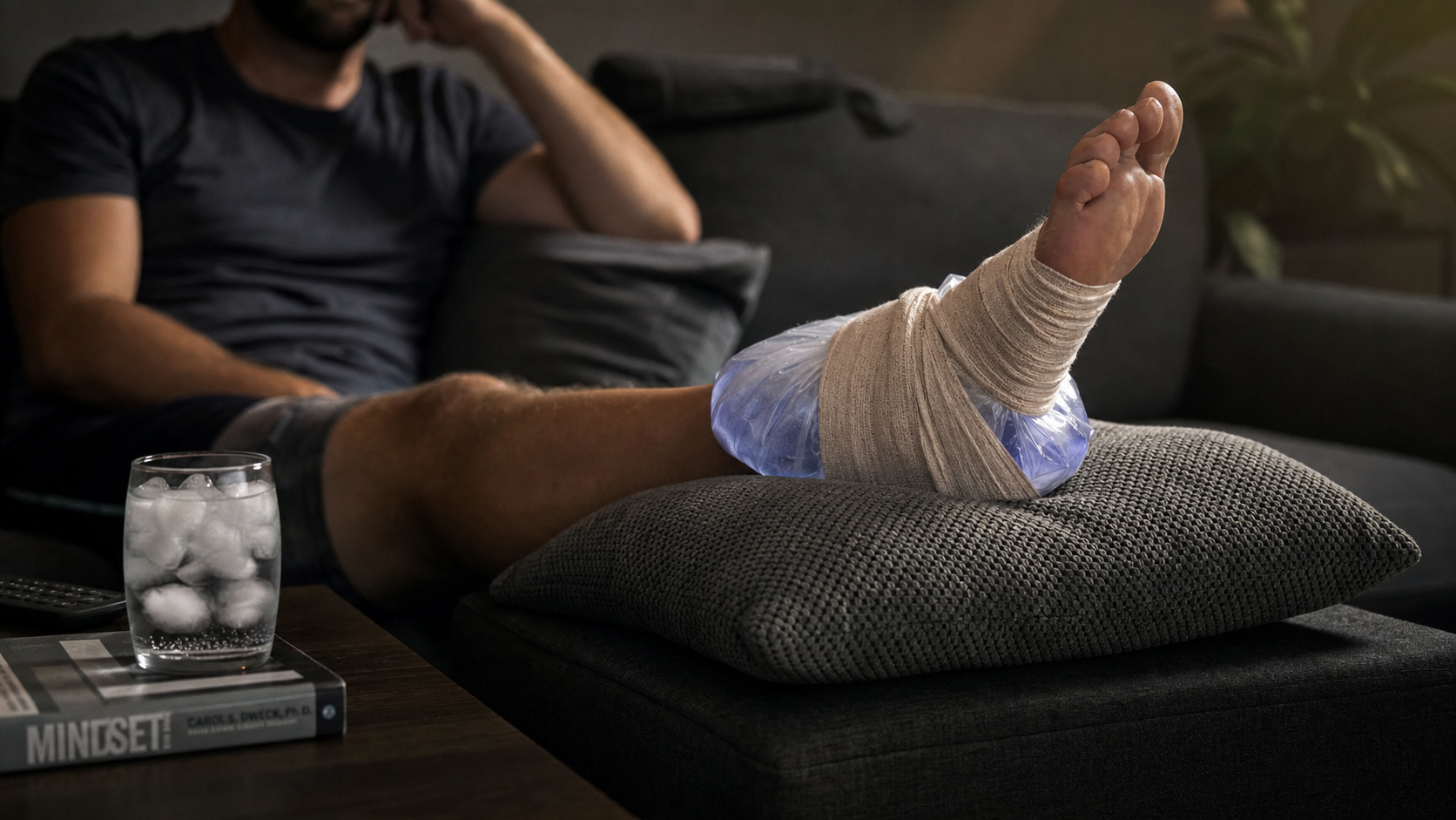 Leg elevated with ice pack and compression bandage — RICE