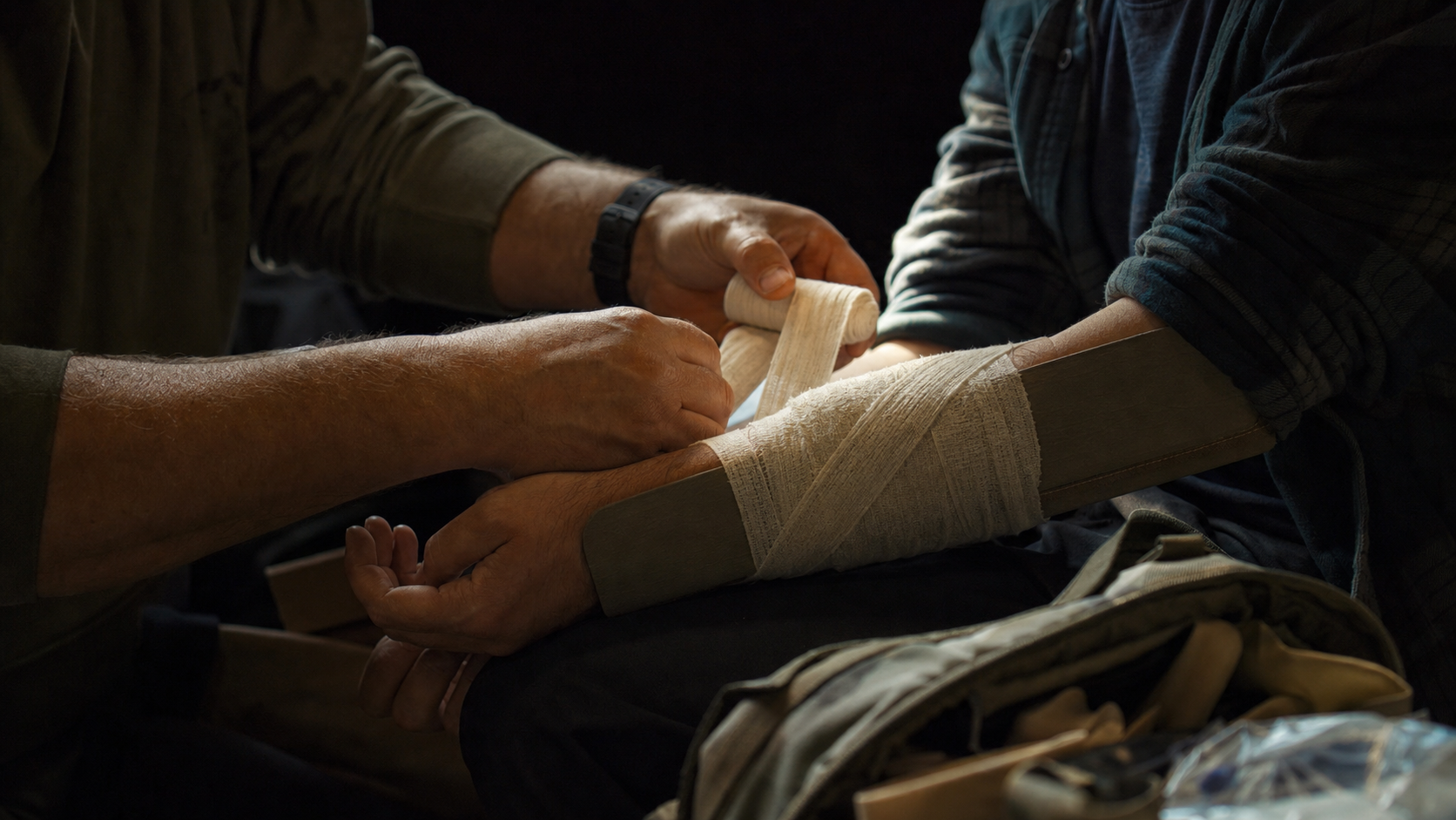 Calm hands wrapping and immobilizing arm with splint