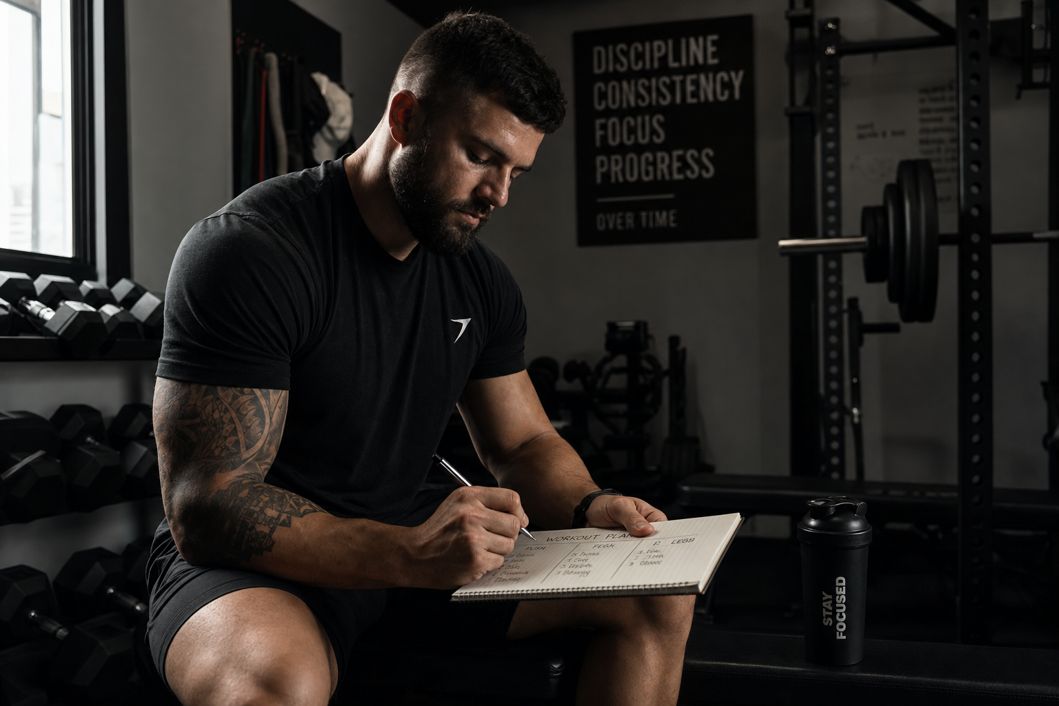 Man writing workout plan in gym