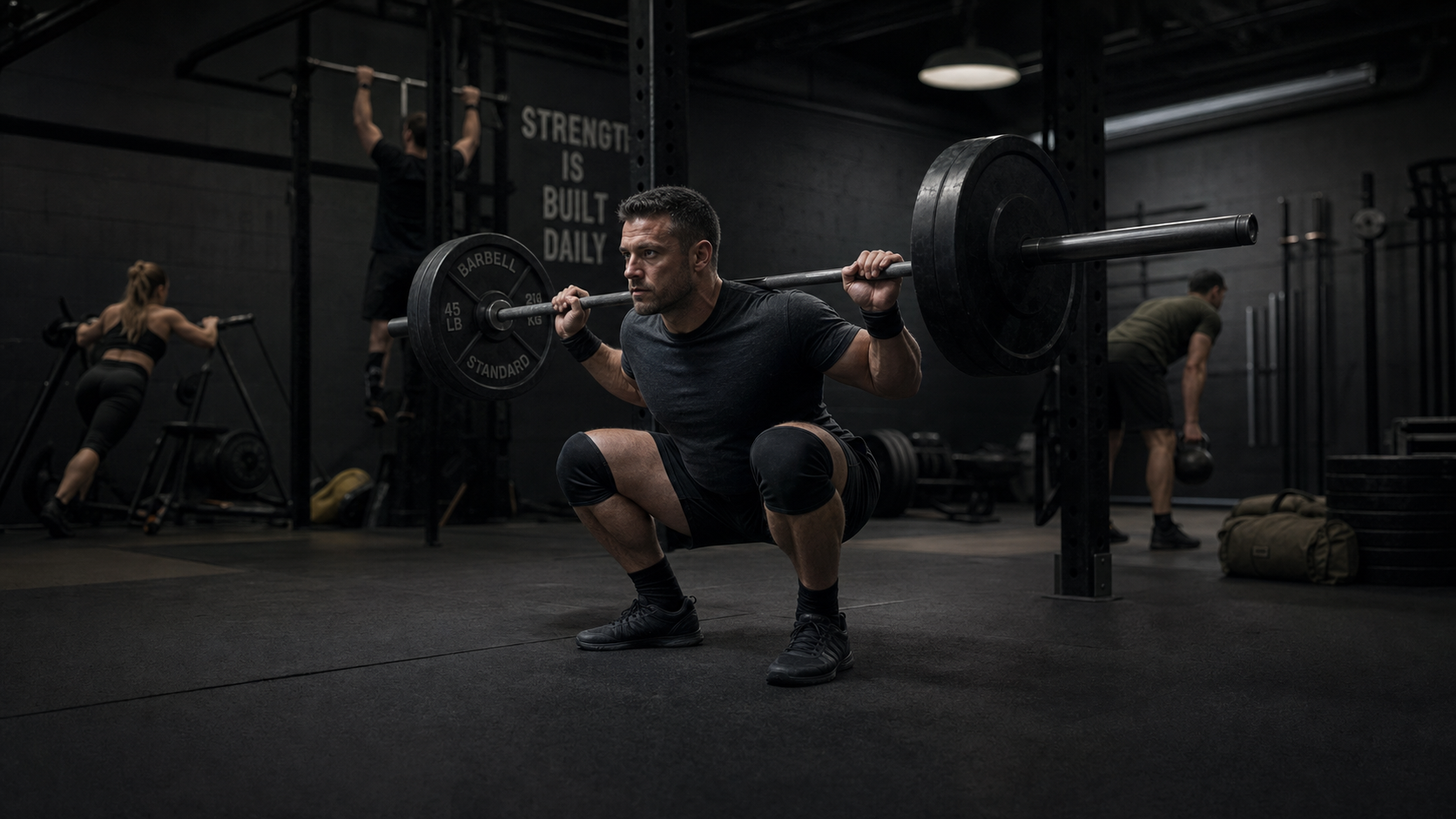 Barbell back squat in dark gym