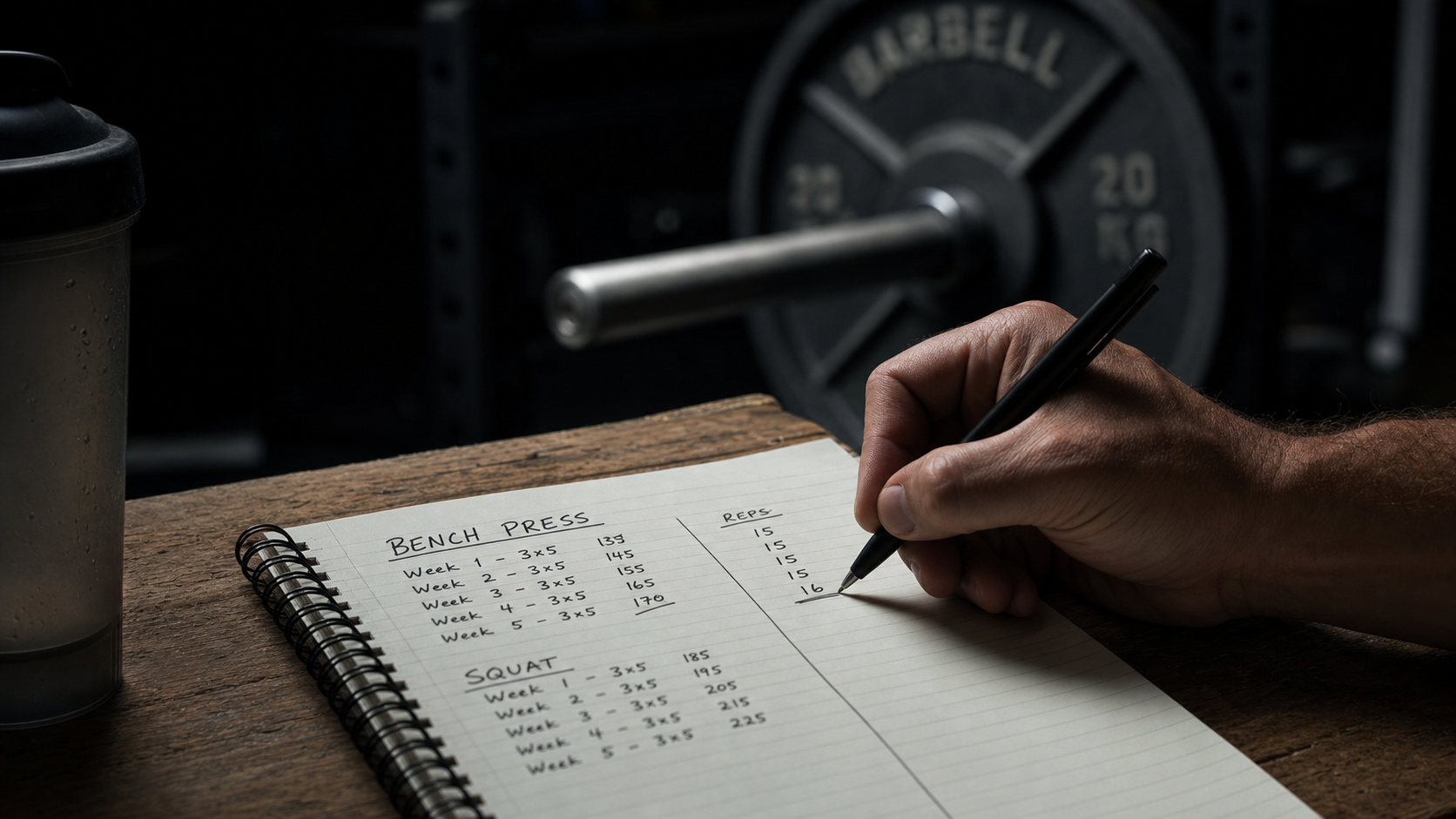 Hand writing in workout log, weights in background