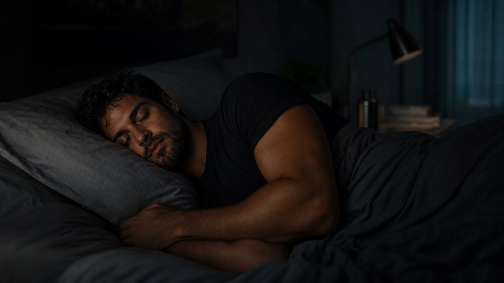 Man sleeping deeply in dark bedroom