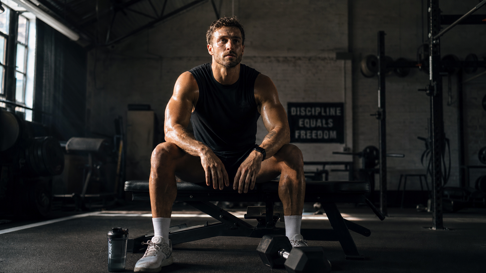 Man sitting on bench post-workout, composed