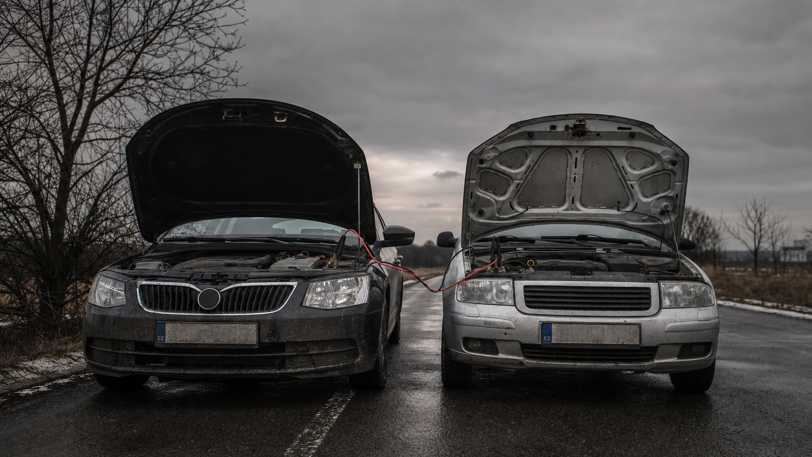 Step 1: Two cars parked side by side, both hoods open