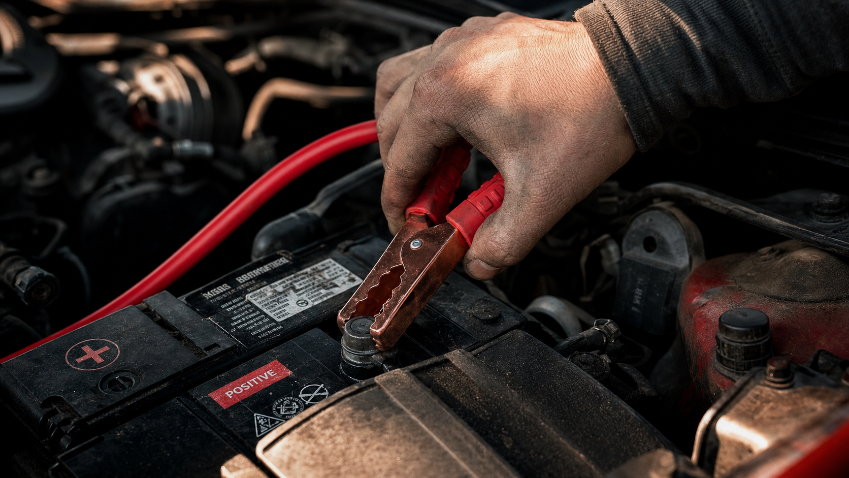 Step 2: Red jumper cable on dead battery positive terminal