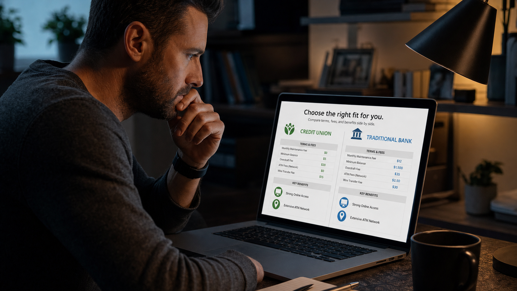 Man comparing credit union vs bank on laptop