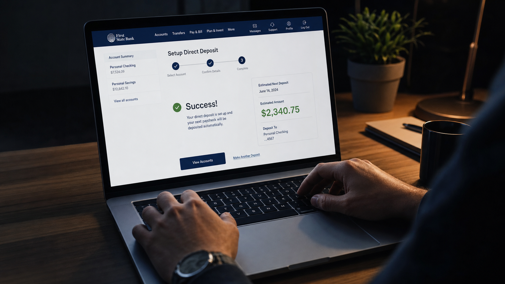 Hands setting up direct deposit on banking portal