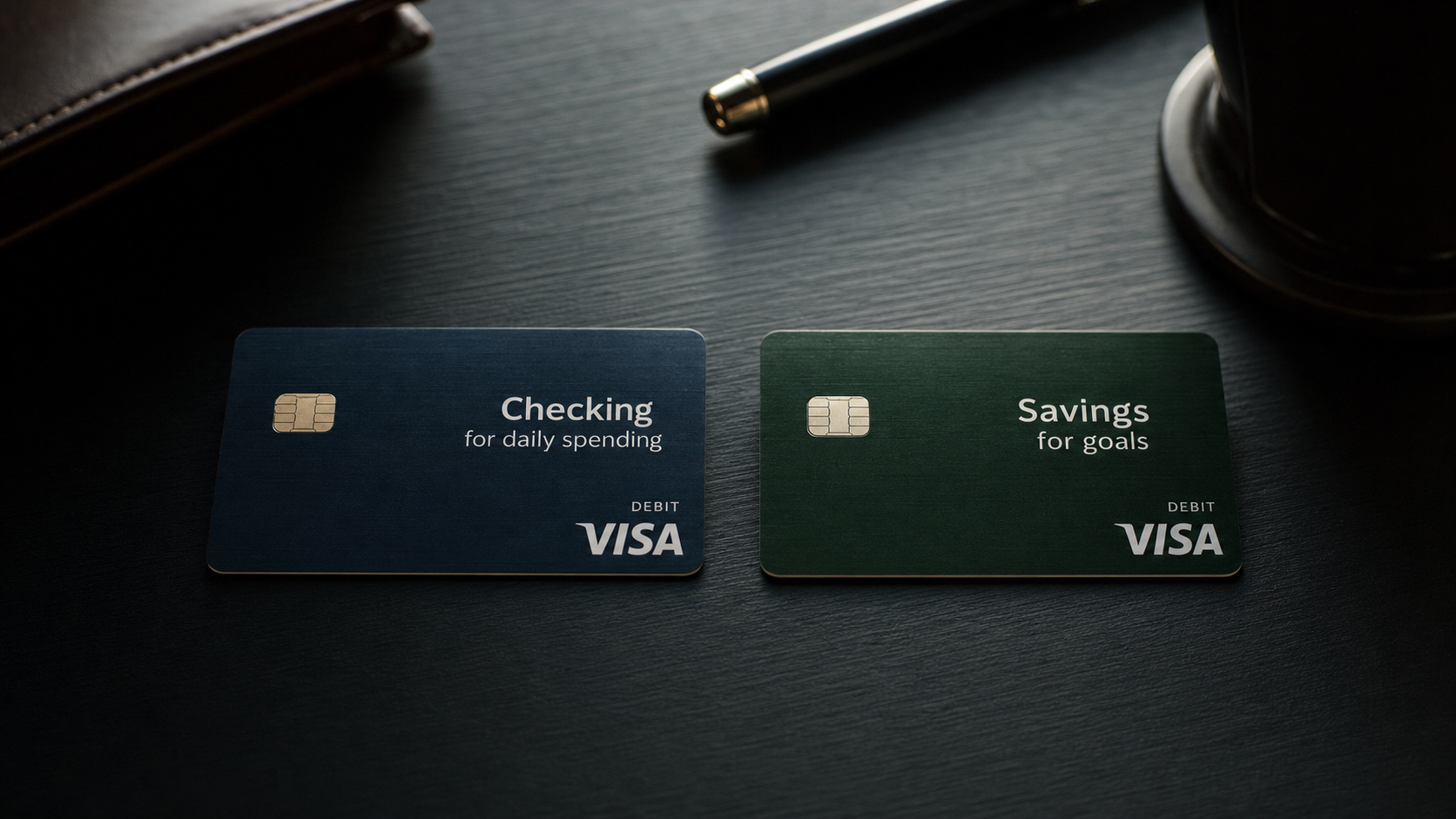 Checking and Savings cards side by side on dark desk