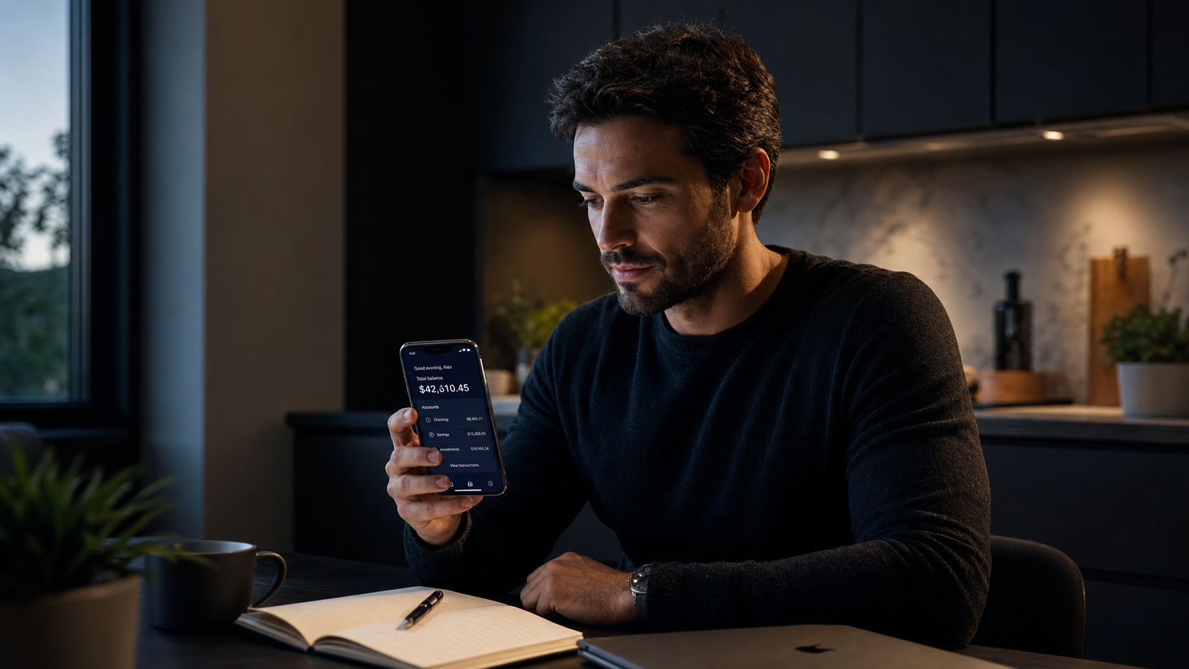 Man reviewing bank balance on phone in kitchen