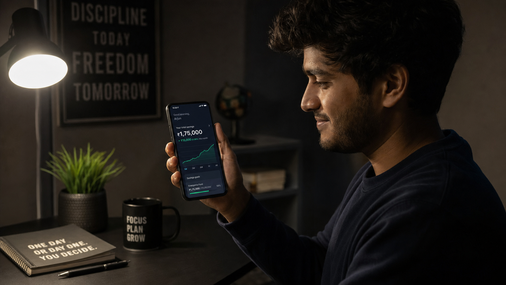 Man viewing growing savings balance with satisfaction