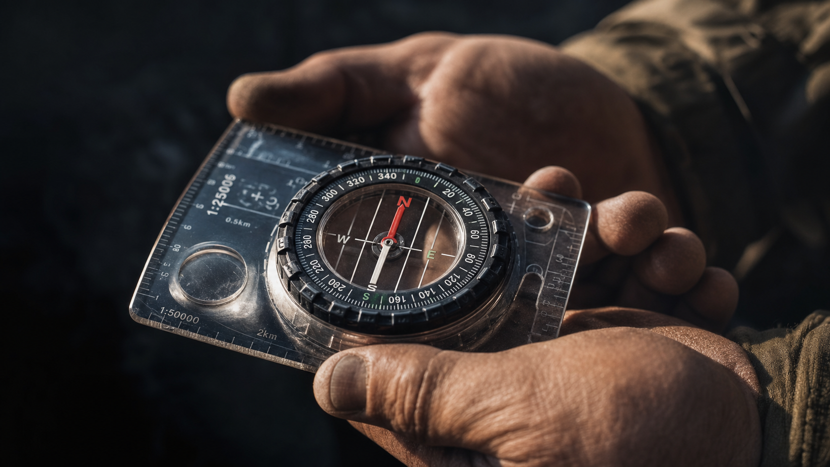 Baseplate compass held in hands, red needle pointing north