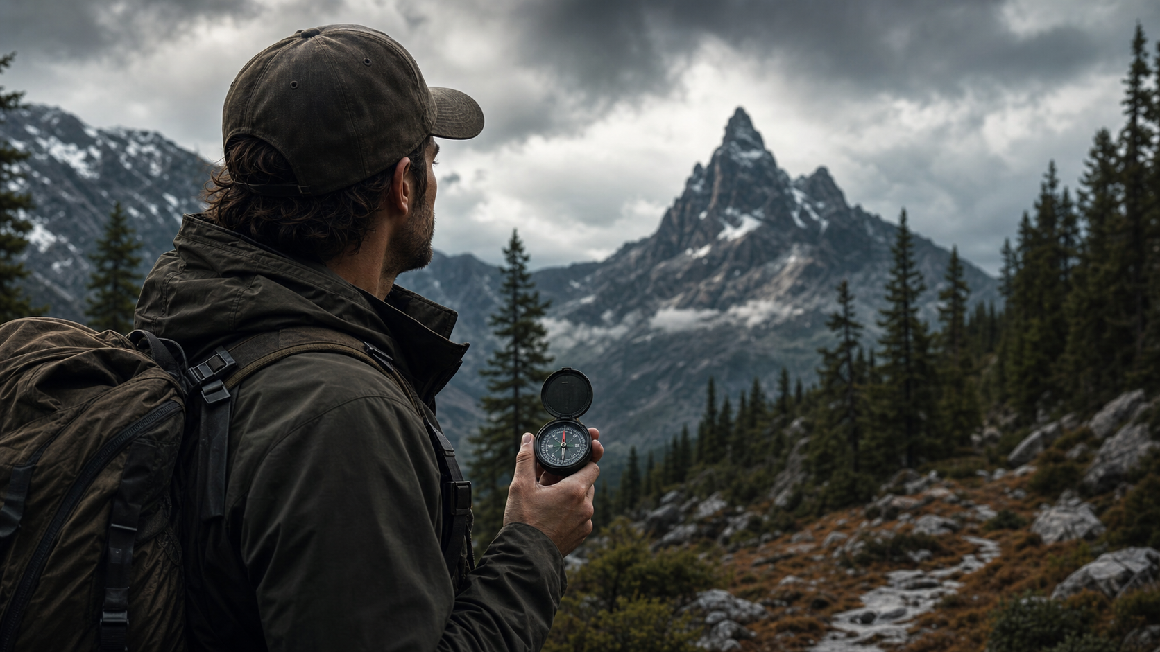 Man hiking through wilderness following a bearing