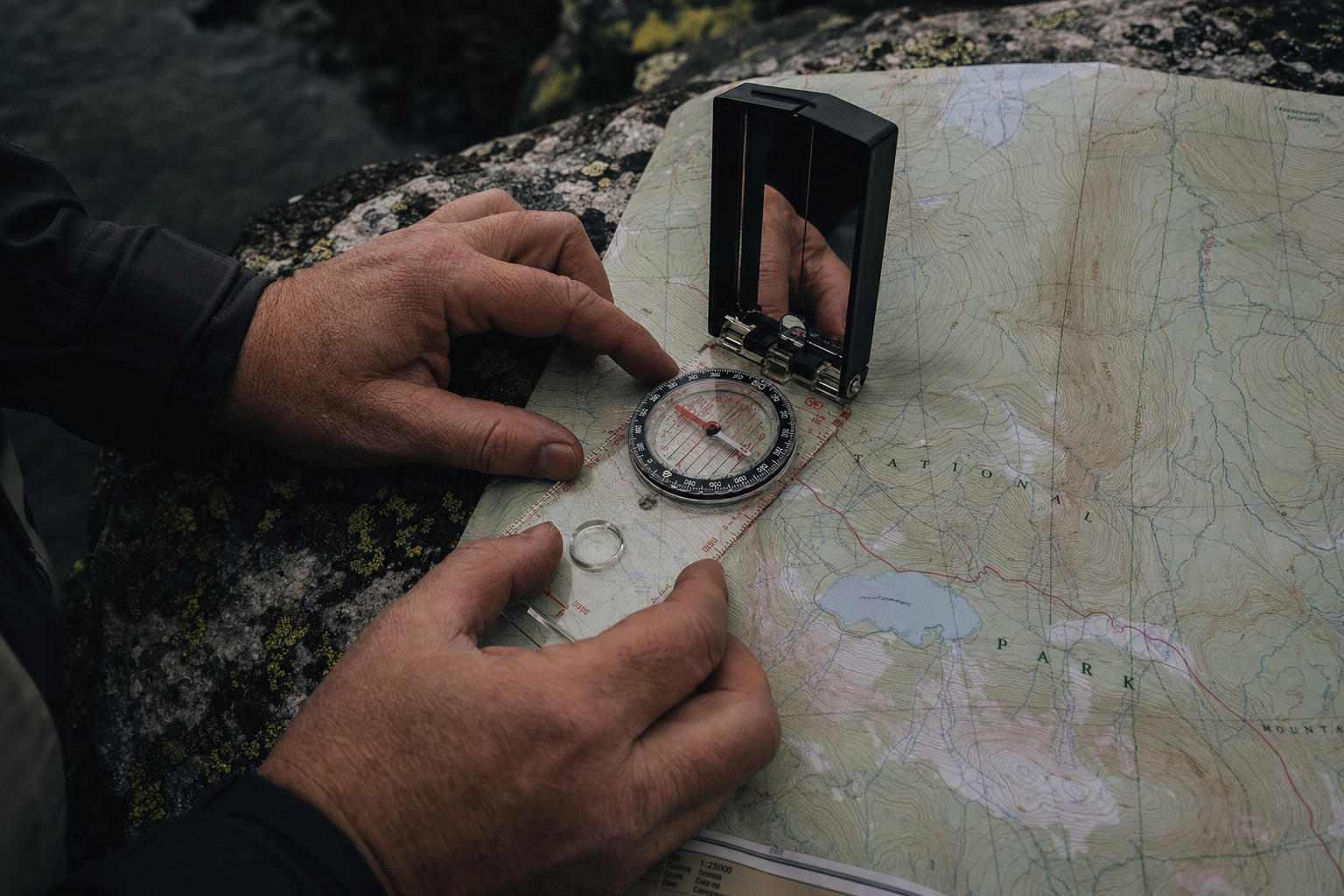 Map and compass navigation on a rock