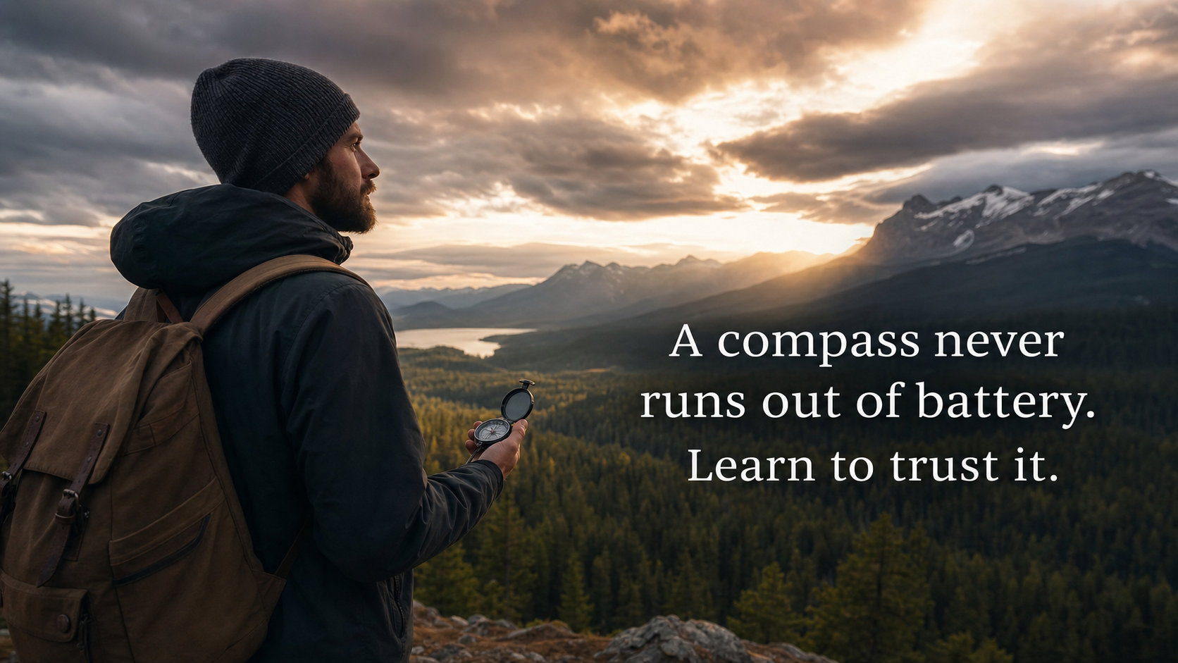 Man alone in vast wilderness, epic landscape at golden hour