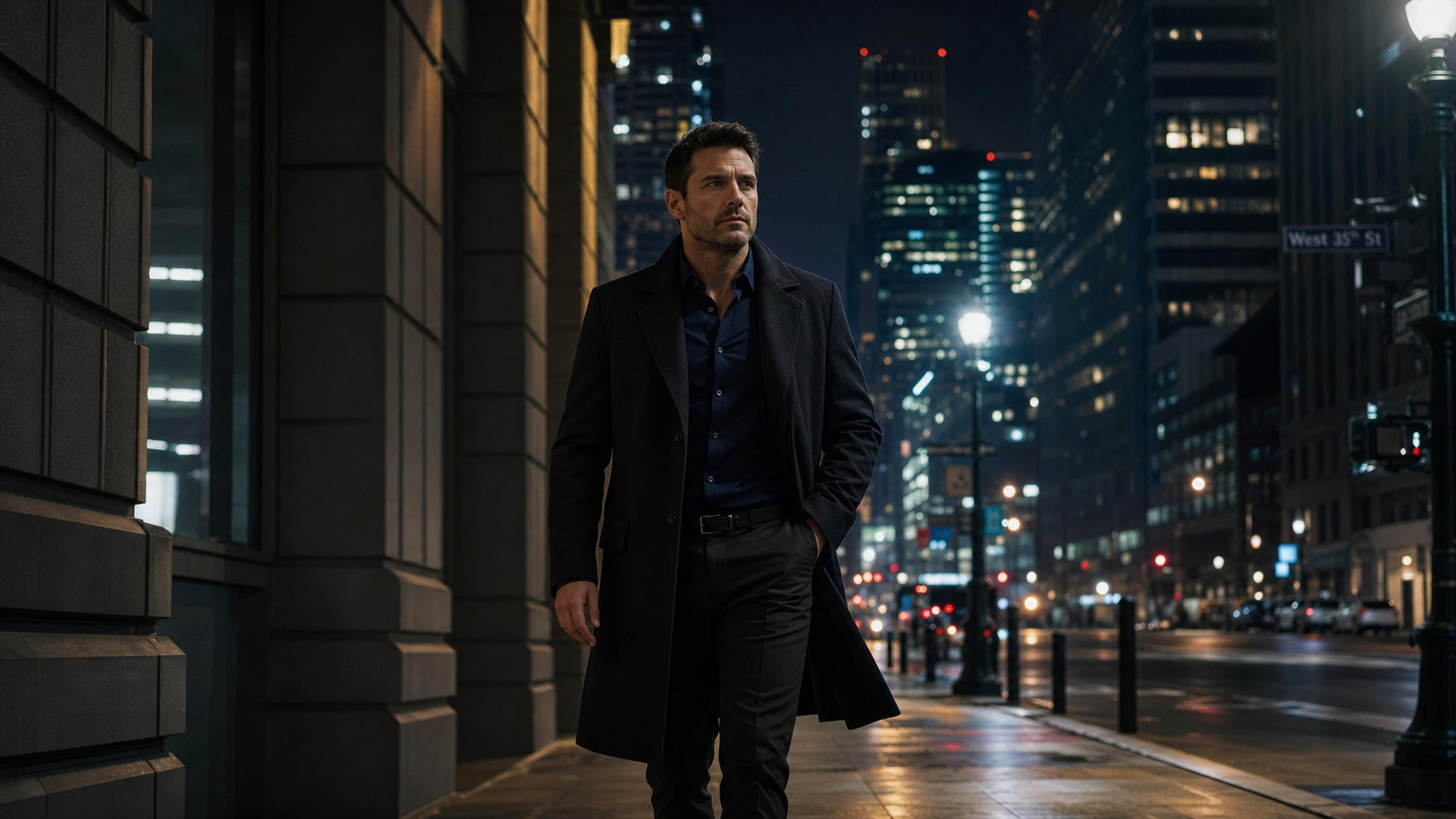 Man walking alertly through city at night