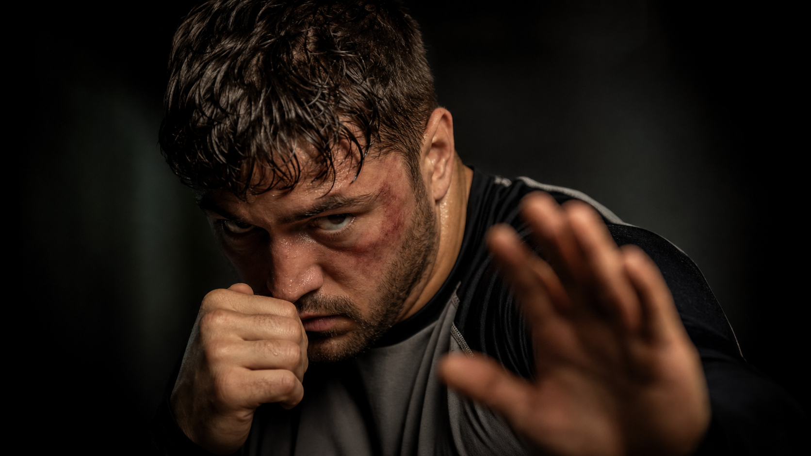 Close-up chin-tucked guard position