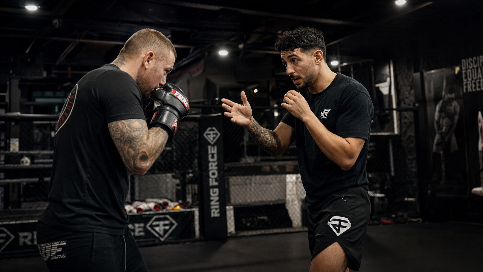 Two men boxing and coaching in MMA gym