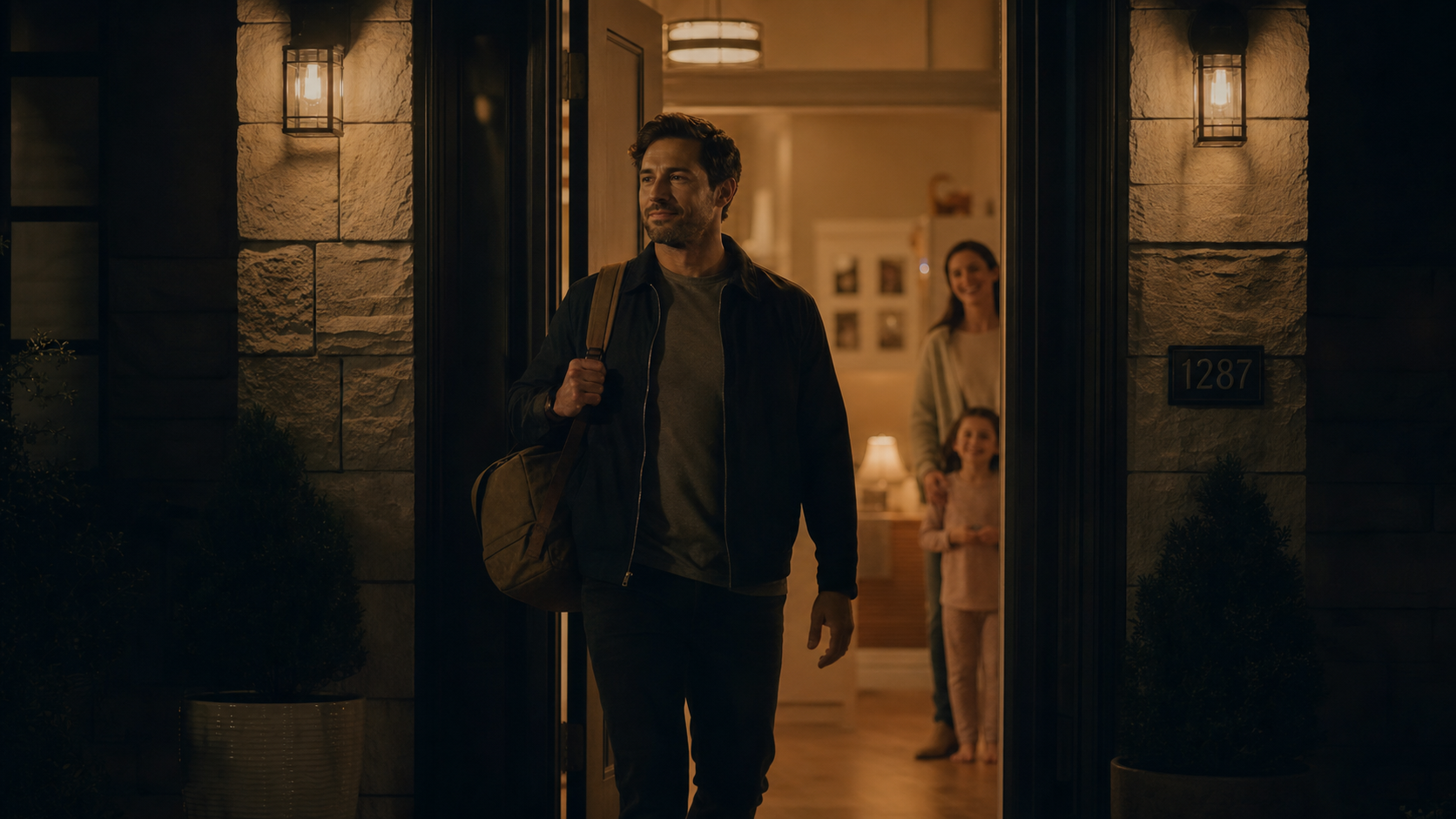 Man arriving home to family at night