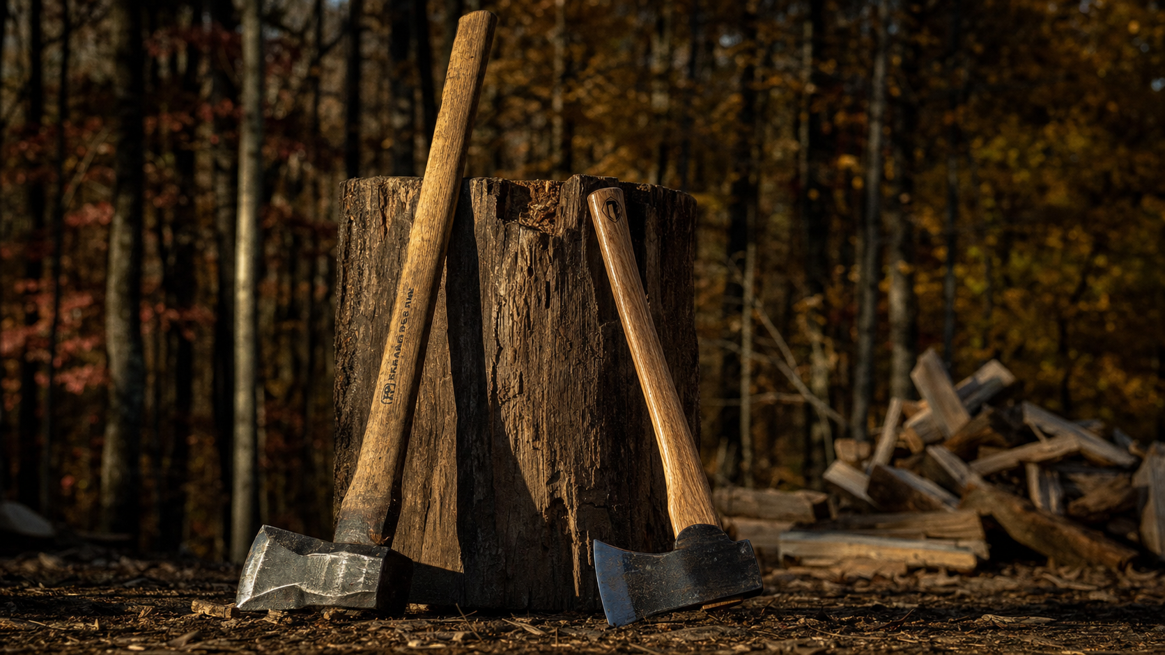 Splitting maul and axe against weathered chopping block