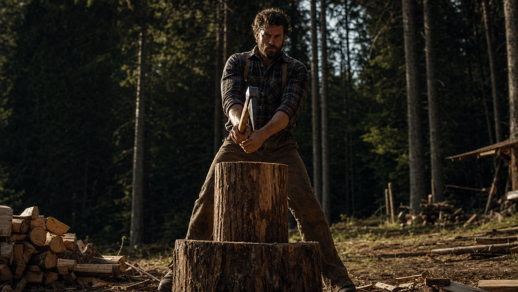 Man in stance behind log round on chopping block, ready to swing