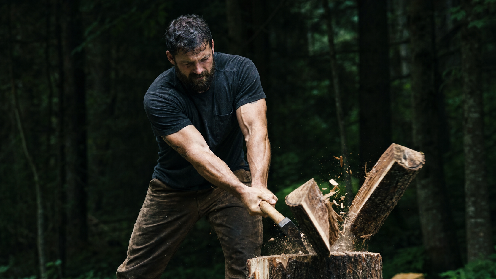 Man mid-swing, hands sliding together at impact, wood splitting