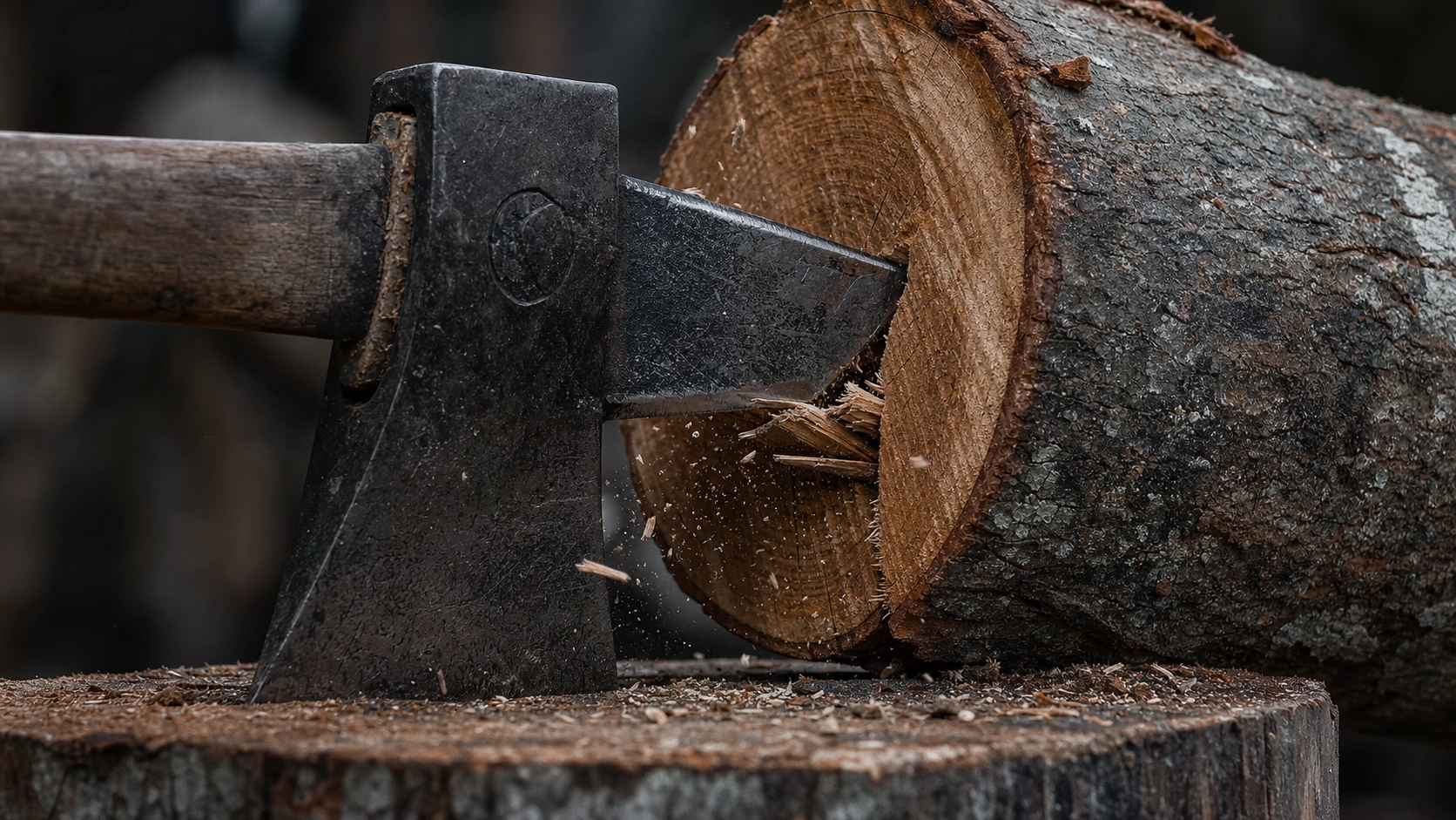Close-up of maul blade biting into the edge of a log round