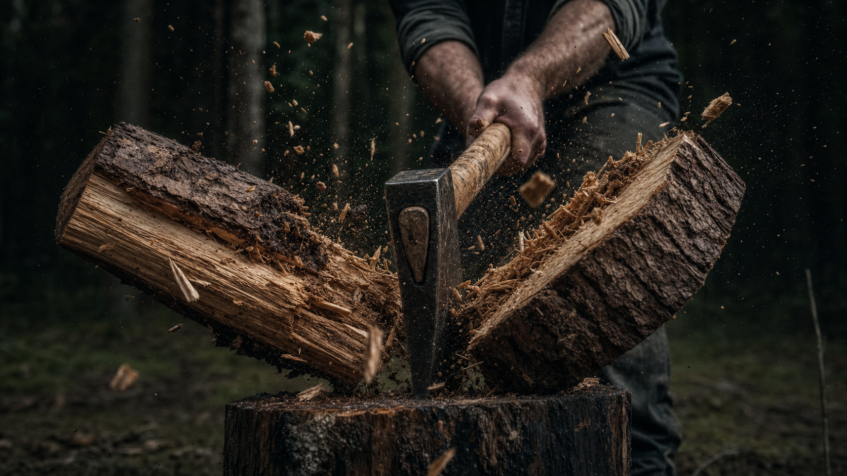 Explosive through-split, wood pieces flying apart on impact