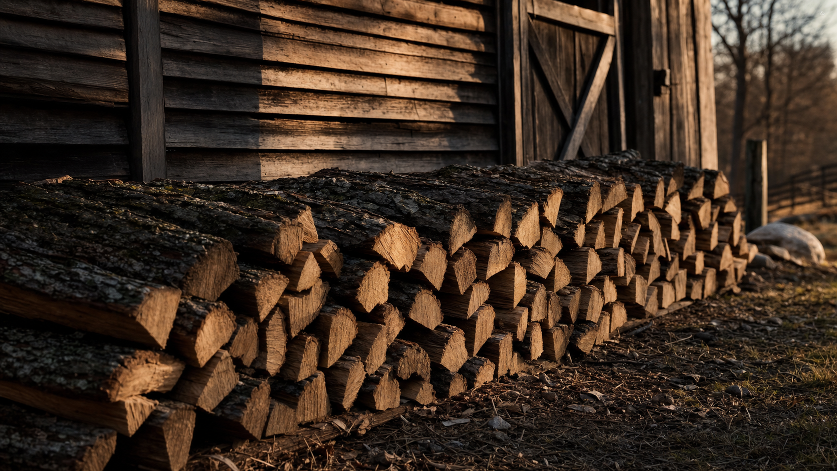 Neatly stacked cord of split firewood against rustic barn